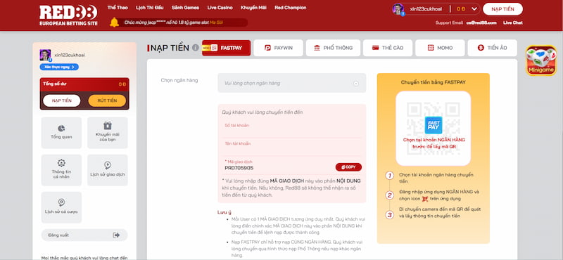 Hướng dẫn nạp tiền RED88