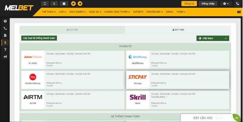 Hướng dẫn rút tiền MelBet