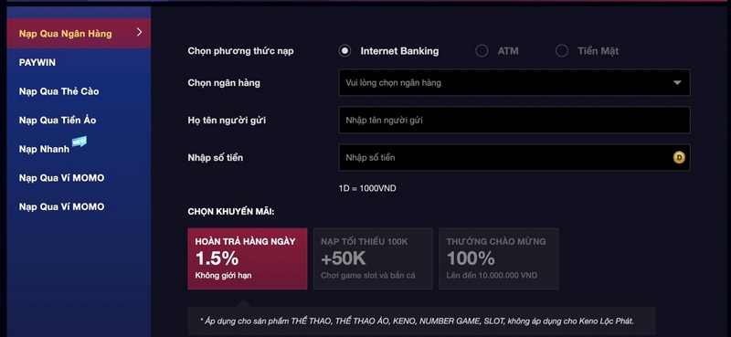 Nạp tiền về tài khoản game với hình thức ngân hàng siêu tiện lợi