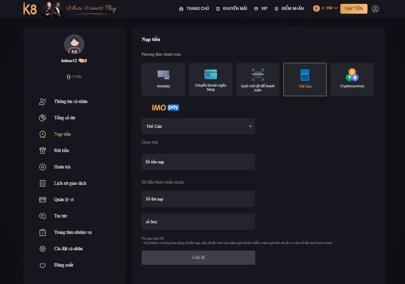 Các bước nạp tiền K8 qua thẻ cào rất đơn giản và tiện lợi