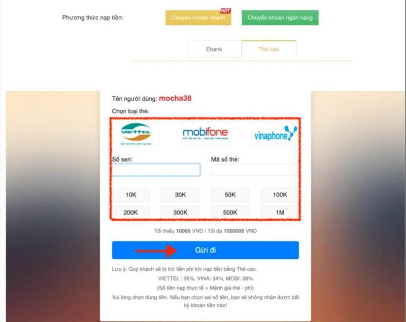 Nạp tiền Lixi88 bằng hình thức thẻ cào tiến hành nhanh chóng